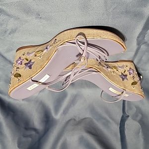 Purple & Cream Embellished Floral Beaded Heels Sandles Size 10 Womans Ann Marino